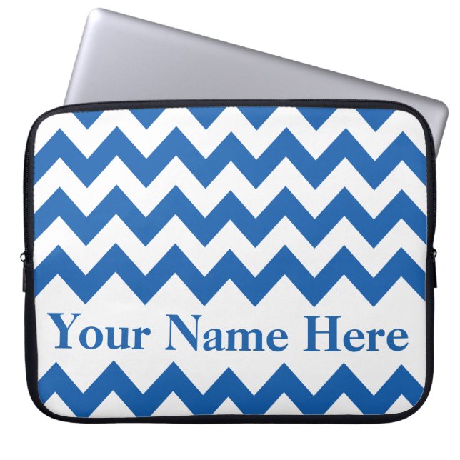 Denim Blue Bold Chevron with customizable text Laptop Sleeve (Front)