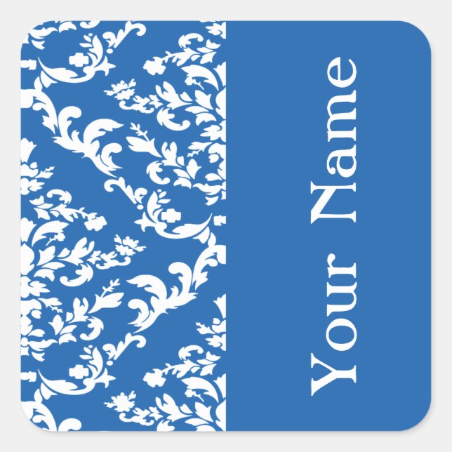 Denim Blue Bold Damask at Emporiomoffa with name Square Sticker (Front)