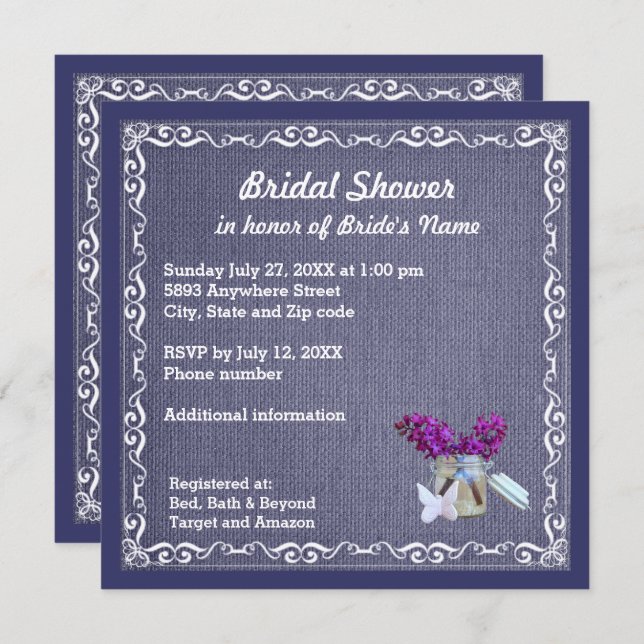 Denim Blue Burlap, Purple Flower, Jar Bride Shower Invitation (Front/Back)