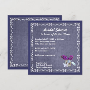 Denim Blue Burlap, Purple Flower, Jar Bride Shower Invitation