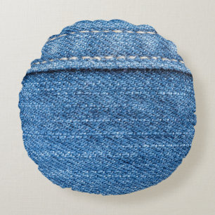 Denim Blue: Classic Jeans Texture. Round Pillow