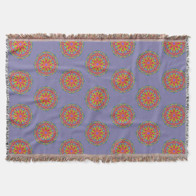 Denim Blue Colourful Mandala Pattern Boho Blanket (Front)