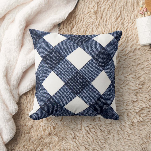 Denim Blue Diagonal Buffalo Chequered Throw Pillow (Blanket)