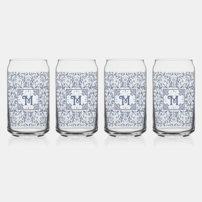 Denim Blue Fancy Graphic Pattern Personalized Can Glass (Front)