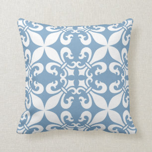 Denim Blue Fleur de Lys Pattern Throw Pillow