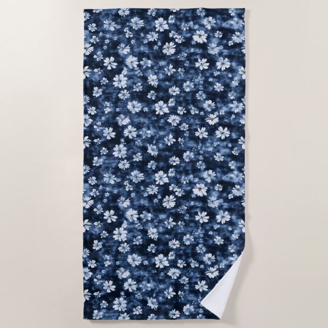 Denim Blue Flowers Beach Towel (Front)
