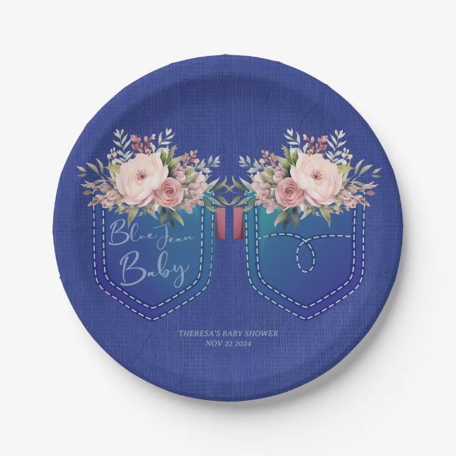 Denim Blue Jean Baby Shower Custom Paper Plate (Front)