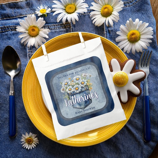 Denim Blue Jean | Daisies Floral Baby Shower Favour Bag (Blue Jean Pocket Denim and Daisies Baby Shower Favor Bags)