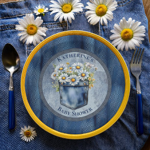 Denim Blue Jean   Daisies Floral Baby Shower Paper Plate