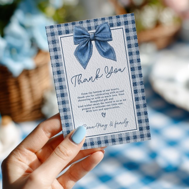 Denim Blue Jean Gingham Coquette Bow Baby Shower Thank You Card (Denim Blue Jean Gingham Coquette Bow Baby Shower Thank You Card)