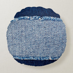 Denim blue jeans fabric frame. Bleached denim fabr Round Pillow