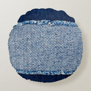 Denim blue jeans fabric frame. Bleached denim fabr Round Pillow