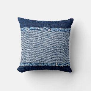 Denim blue jeans fabric frame. Bleached denim fabr Throw Pillow