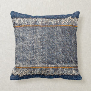 Denim blue jeans fabric frame. Bleached denim fabr Throw Pillow