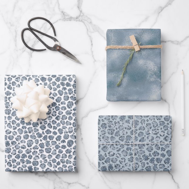 Denim Blue Leopard Print Glitter Wrapping Paper Sheet (Front)