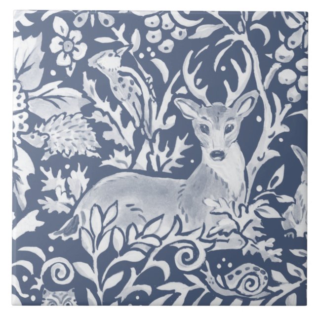 Denim Blue MURAL Woodland Animal Deer Top Left Tile (Front)