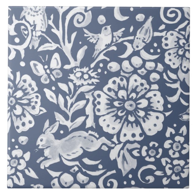 Denim Blue MURAL Woodland Rabbit Bottom Left Ceram Tile (Front)