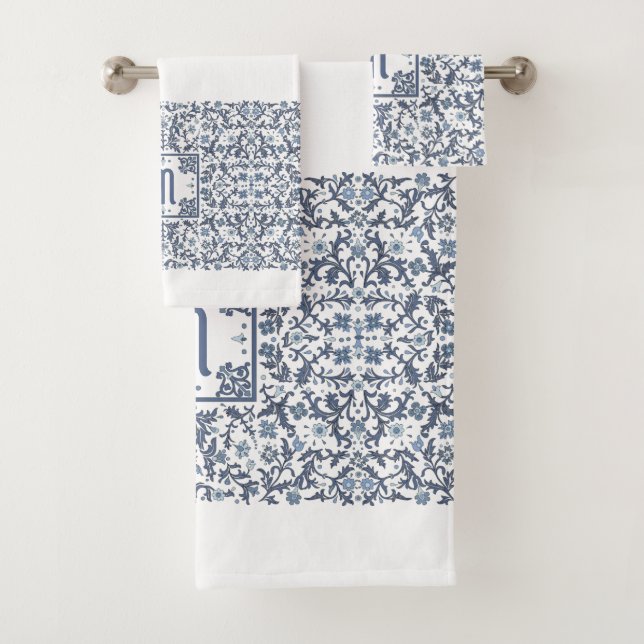Denim Blue Ornate Monogram Bath Towel Set (Insitu)