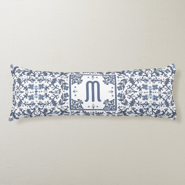 Denim Blue Ornate Monogram Body Pillow (Front)