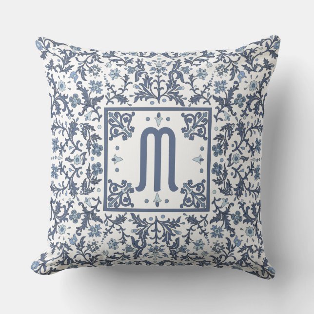 Denim Blue Ornate Monogram Throw Pillow (Front)