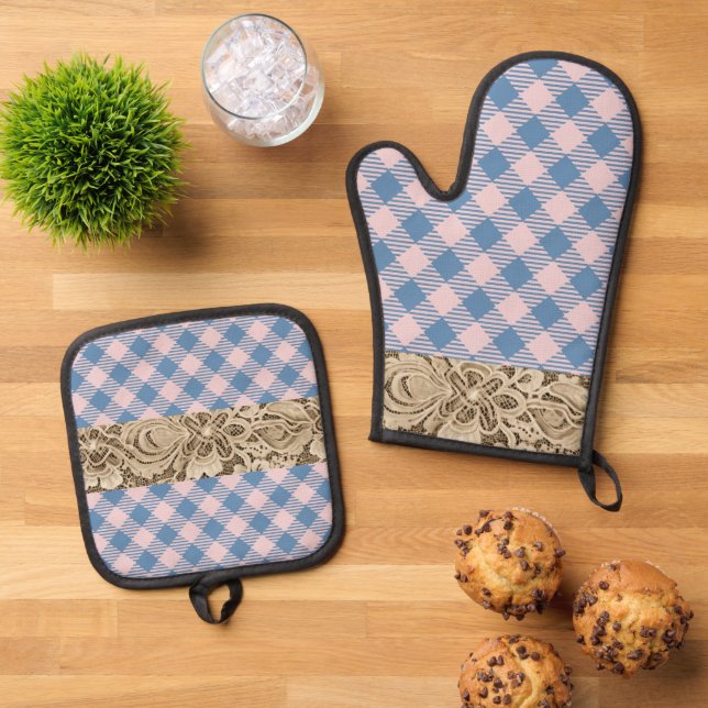 "Denim Blue, Pearly Pink"  Gingham & Lace Oven Mitt & Pot Holder Set (Top Down)