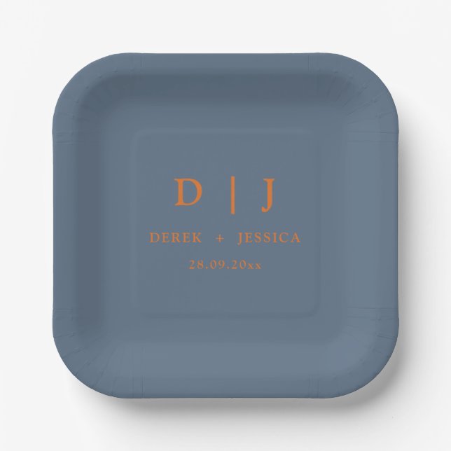 Denim Blue & Russet Orange Fall Autumn  Wedding  Paper Plate (Front)