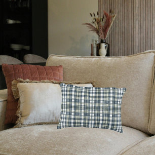 Denim Blue Sage Green White Plaid Lumbar Accent Pillow