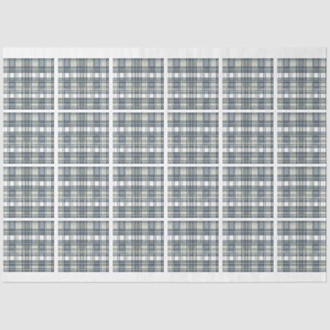 Denim Blue Sage Green White Plaid Tiled Decoupage Tissue Paper (Front)