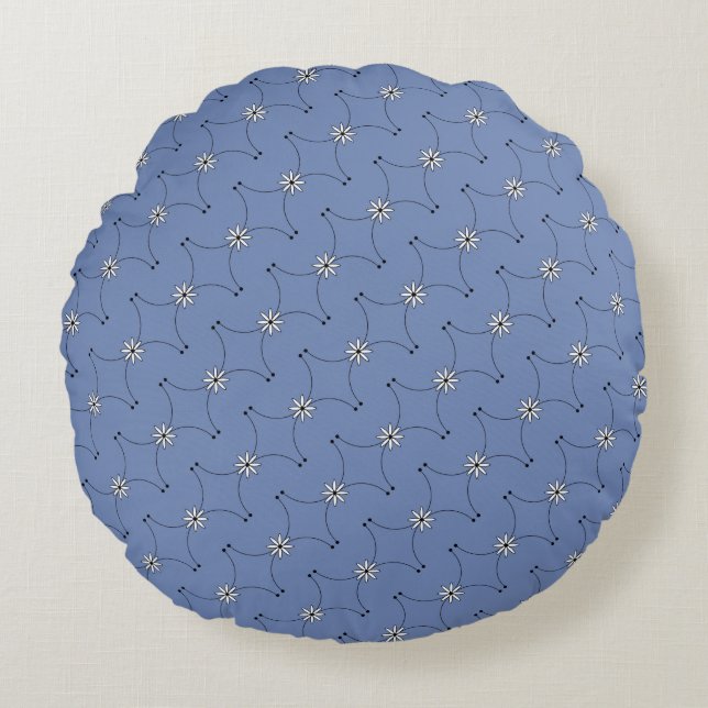 Denim Blue Tiny White Dasies Round Pillow (Front)
