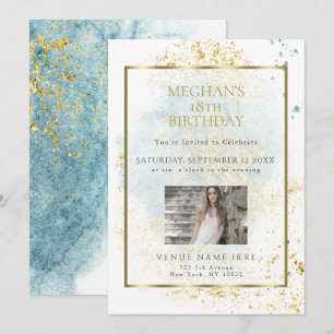 Denim Blue Watercolor Birthday Age Photo Frame Invitation
