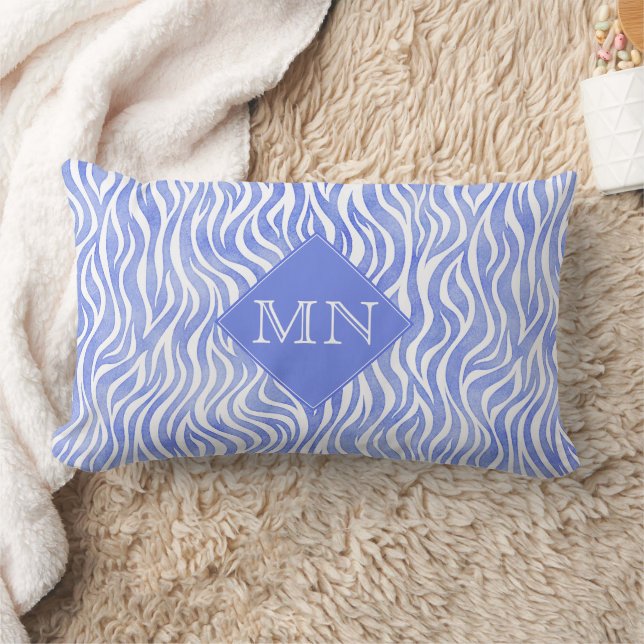 Denim Blue Watercolor Zebra Pattern | Monogram Lumbar Pillow (Blanket)