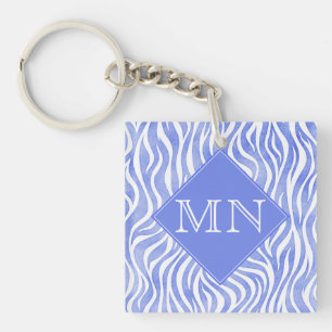 Denim Blue Watercolor Zebra Print Monogram Keychain