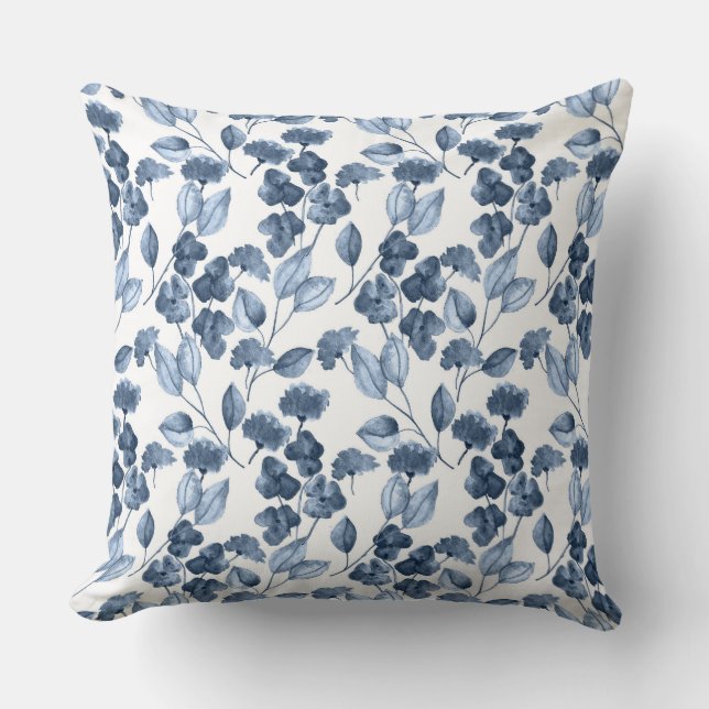 Denim Blue & White Floral Throw Pillow (Front)