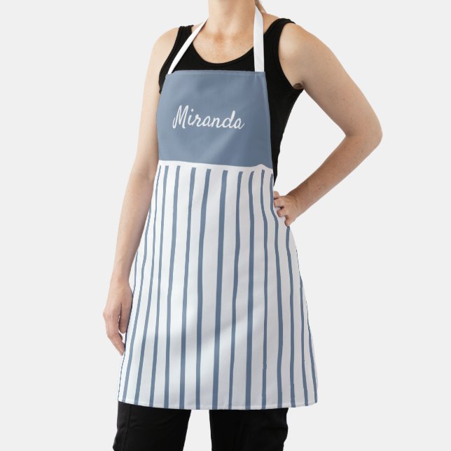 Denim Blue & White Striped Personalized Apron (Insitu)