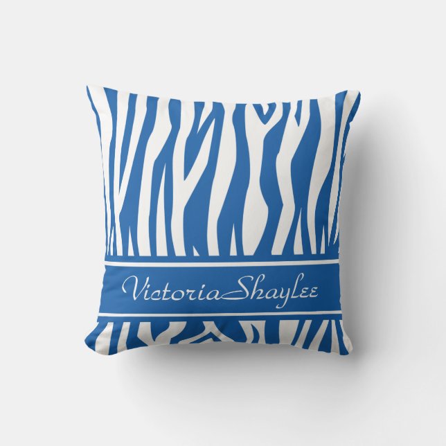 Denim Blue Zebra Print with custom text Throw Pillow (Front)