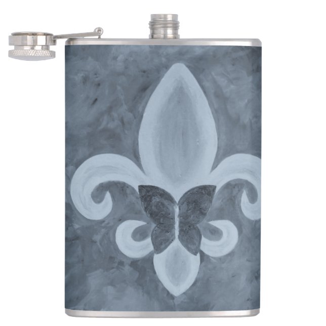 Denim Butterfleur | Blue Fleur de Lis Butterfly Hip Flask (Opened)