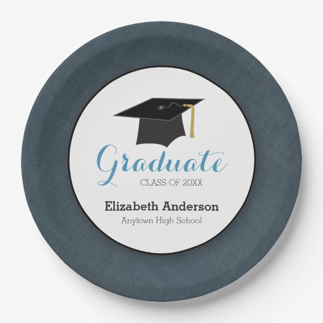 Denim Coloured and Hat Personalized Graduation Paper Plate (Front)
