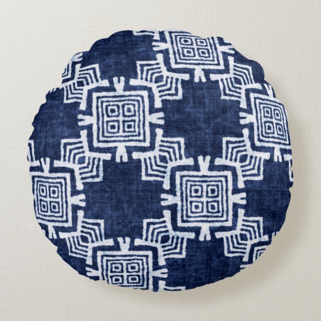 Denim coloured tribal ethnic seamless pattern round pillow (Front)