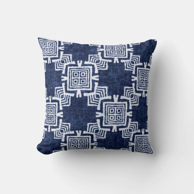 Denim coloured tribal ethnic seamless pattern throw pillow (Front)