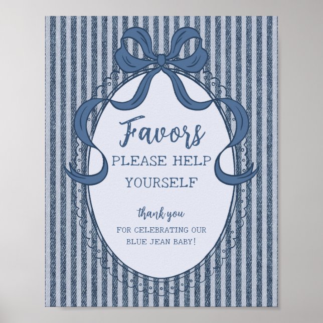 Denim Coquette Bow Blue Jean Baby Favors Sign (Front)