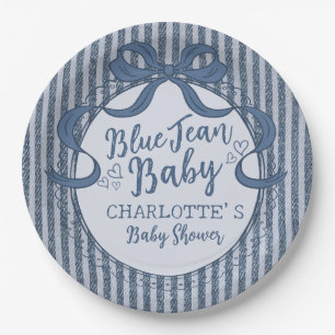 Denim Coquette Bow Blue Jean Baby Shower Paper Plate