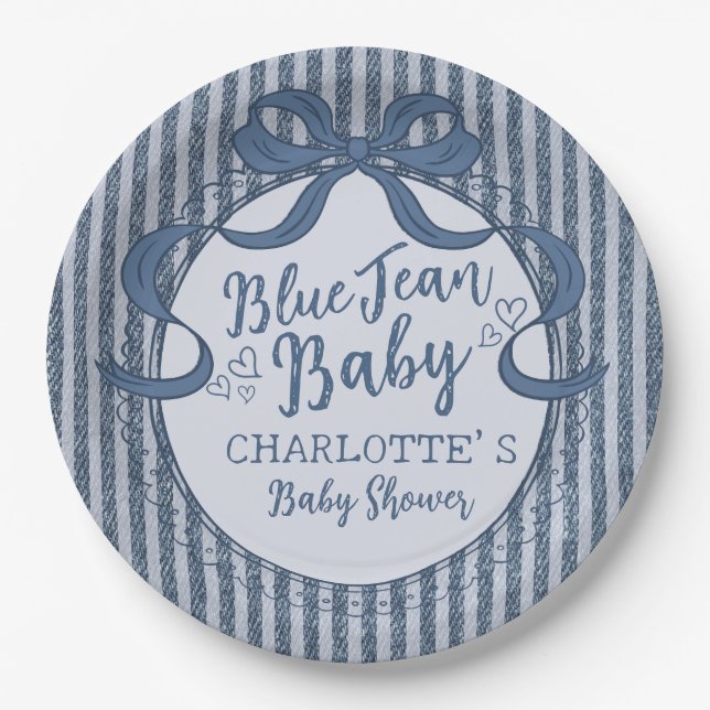 Denim Coquette Bow Blue Jean Baby Shower Paper Plate (Front)