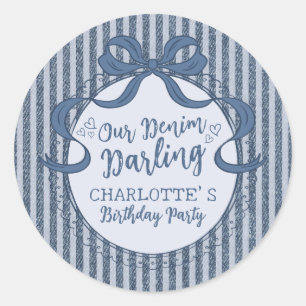 Denim Coquette Bow Blue Jean Birthday Party Classic Round Sticker