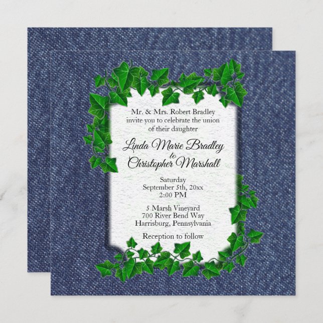 Denim Country Wedding Invitation   5.25" x 5.25 (Front/Back)