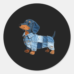Denim Dachshund Dog Patchwork Puppy Vintage Art  Classic Round Sticker