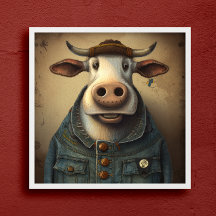 Denim Dapper Cow - Funny cow in a costume Poster