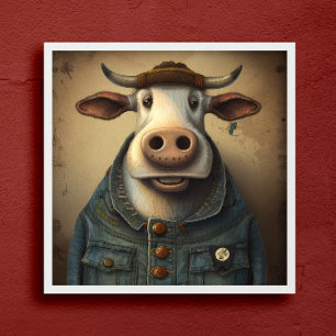 Denim Dapper Cow - Funny cow in a costume Poster