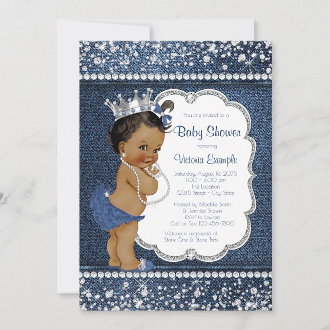 Denim Diamond African American Girl Baby Shower Invitation (Front)