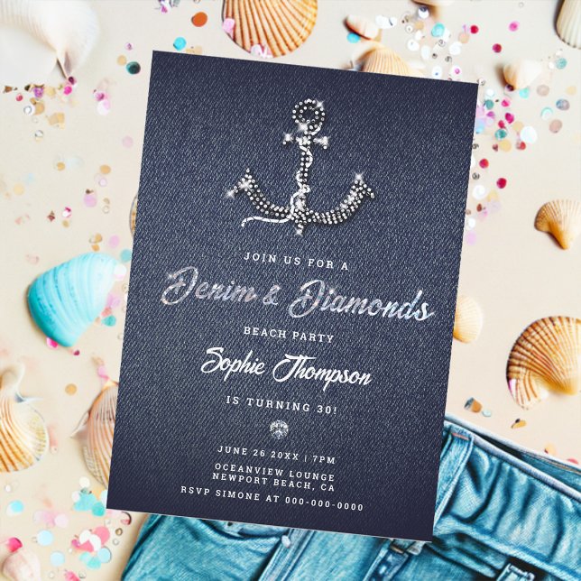 Denim Diamond Bling Anchor Nautical Birthday Party Invitation (denim and diamonds 30th birthday party invitation for women beach boat anchor bling elegant classy)