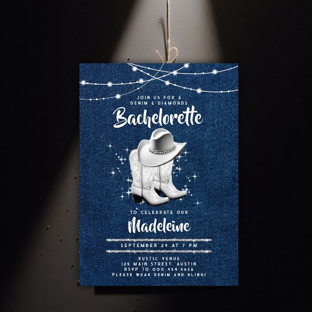 Denim Diamond Cowgirl Hat Boots Chic Bachelorette Invitation (denim and diamonds bachelorette party invitation white cowgirl boots hat rhinestones rustic chic)